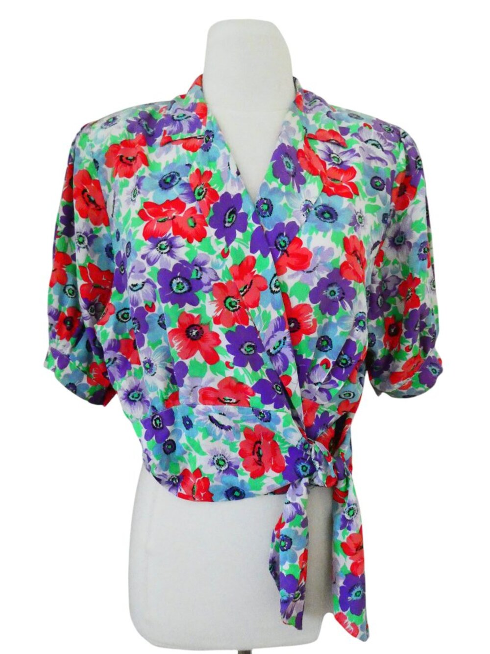 vtg 80s BALLON floral print silk wrap top fits L France